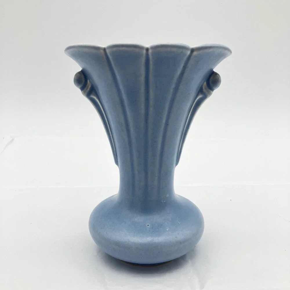 Weller Pottery Fluted Vase Softone 6.25in Periwinkle Blue Vintage Art Deco E-2